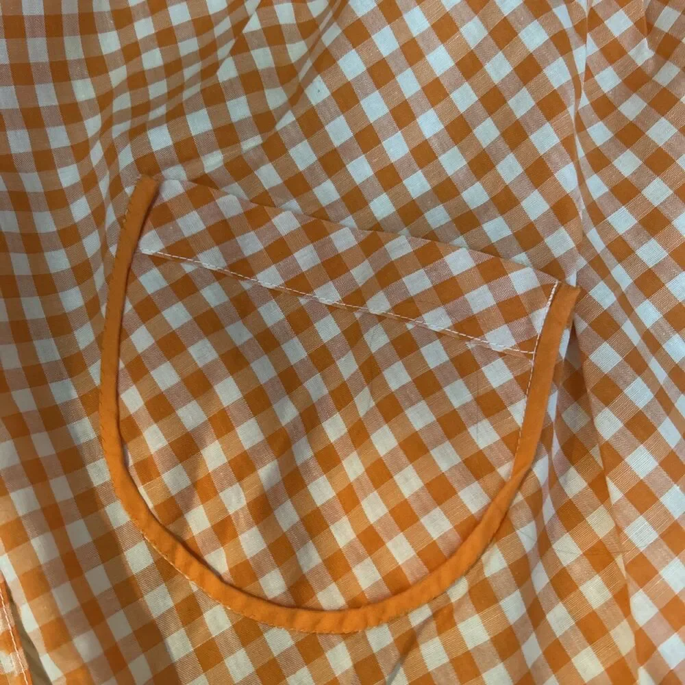 Vintage Gingham Apron Embroidery Orange White Pocket Tie Waist Cottage Core